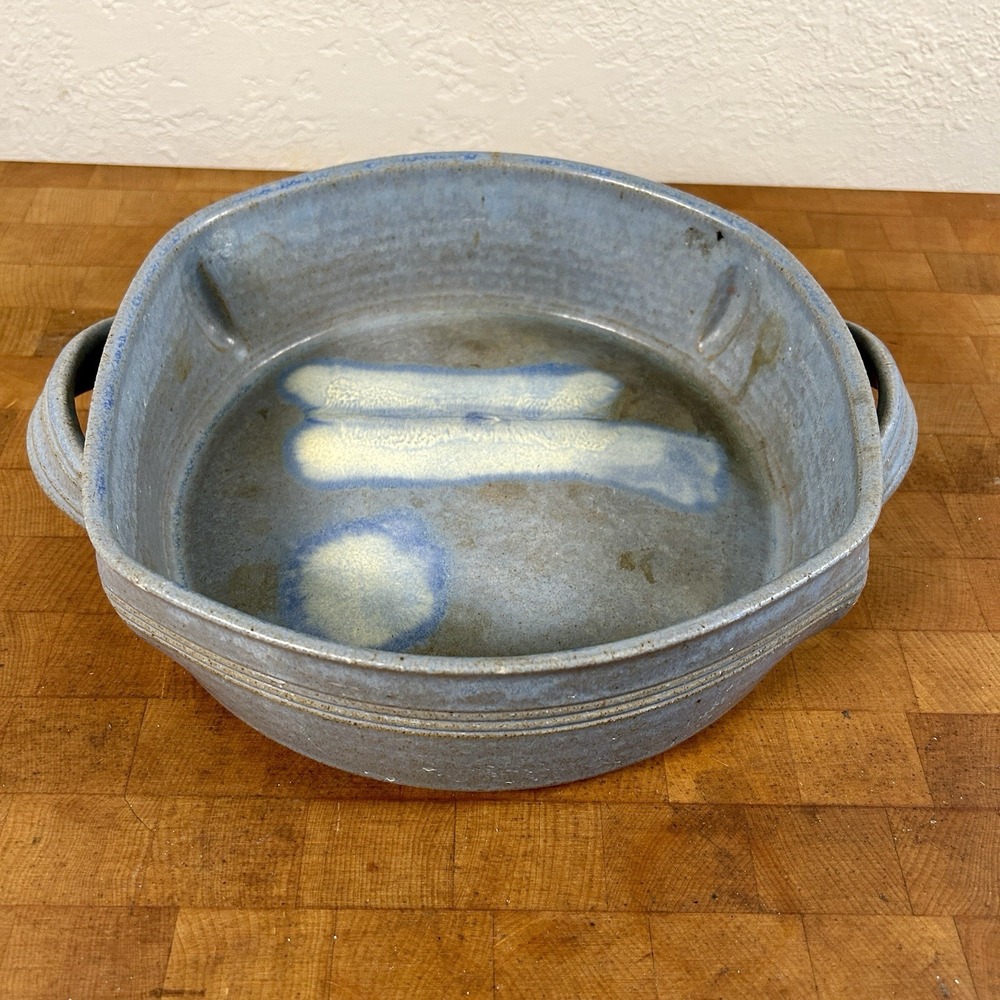 VTG signed MAYO Studio Art Pottery Dish Handmade Blue Glaze Serveware Boho